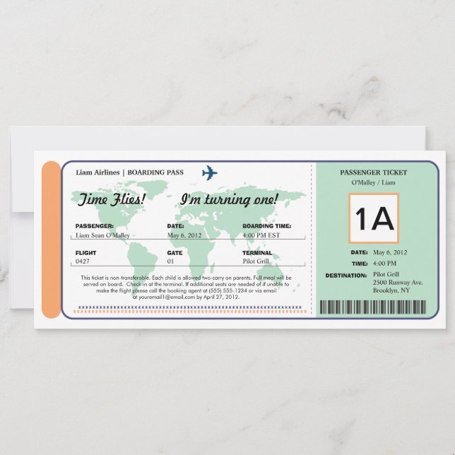 Ticket für den World Map Birthday Boarding Pass Einladung (Vorderseite)