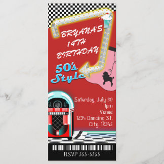 Ticket für Geburtstagsparty im Stil der 50er Jahre Einladung