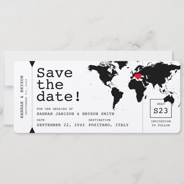 Ticket für Retro-Schreibmaschine World Map Boardin Save The Date (Vorderseite)