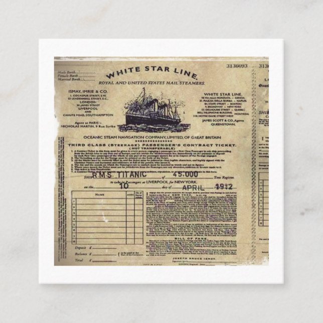 Ticket für RMS Titanic 1912 (Vorderseite)