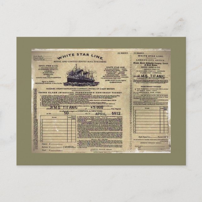 Ticket für RMS Titanic 1912 Feiertagspostkarte (Vorderseite)