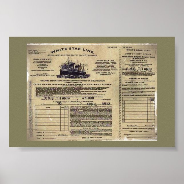 Ticket für RMS Titanic 1912 Poster (Vorne)
