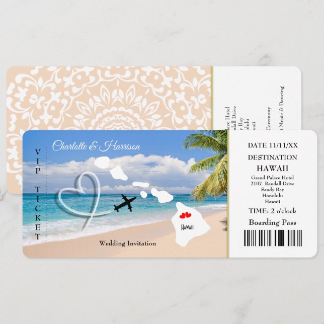 Ticket Pass Wedding Destination Hawaii Einladung (Vorne/Hinten)