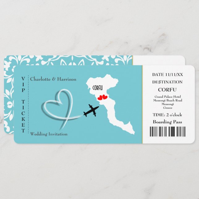Ticket Pass Wedding Destination Korfu Einladung (Vorne/Hinten)