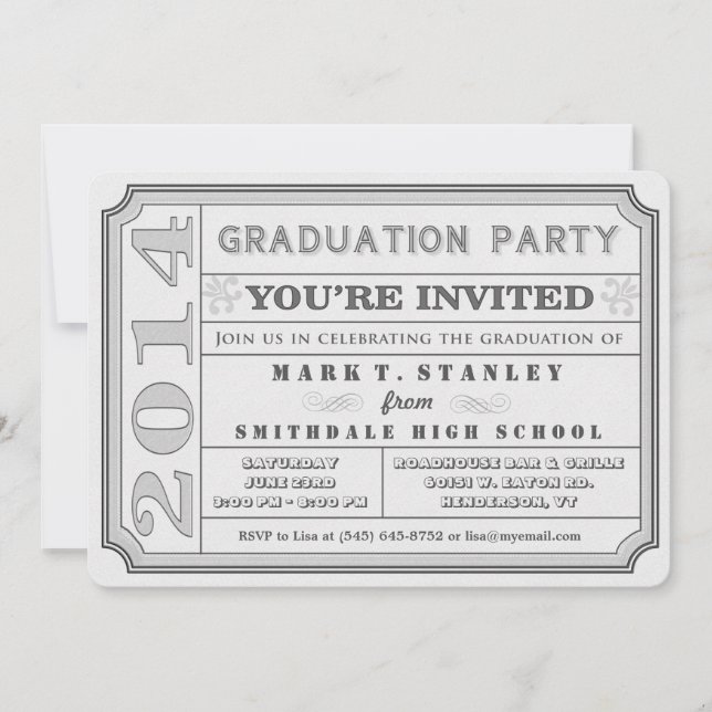 Ticket Style 2014 Einladung zur Gray Graduation Pa (Vorderseite)