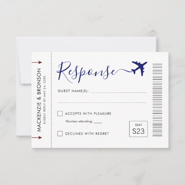 Ticket Style Boarding Pass Reise Theme Response RSVP Karte (Vorderseite)