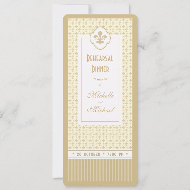 Ticket Style Gold Lilie Probe Dinner Einladung (Vorderseite)