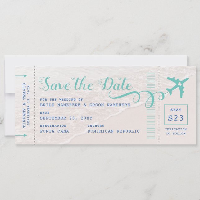 Ticket zum Beach Boarding Pass Save the Date Ankündigung (Vorderseite)