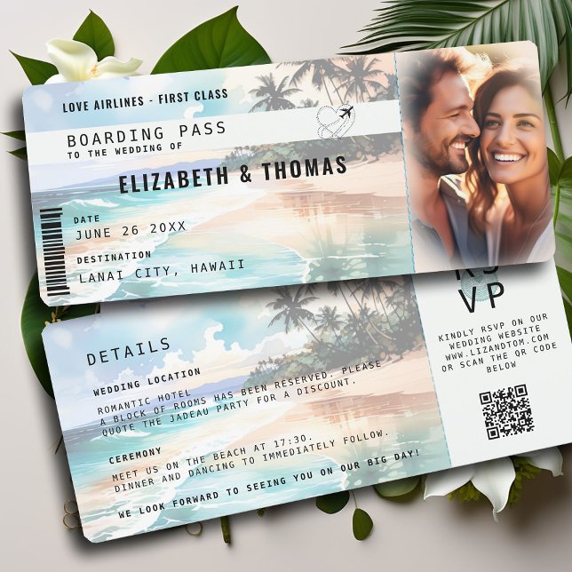 Tickethochzeit für das Tropical Beach Zielflugzeug Einladung (destination wedding tropical beach boarding pass photo wedding invitation palm tree ocean pastel)