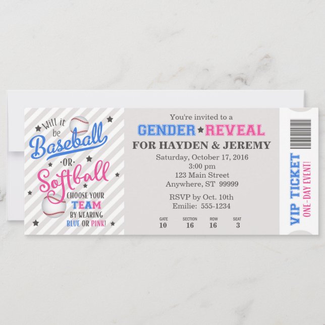 Ticketstil für Baseball oder Softball Gender Einladung (Vorderseite)