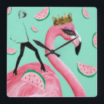 Tickled Pop-Kunstuhr des rosa u. aquamarinen Quadratische Wanduhr<br><div class="desc">Ein frischer heller froher Flamingodruck entwarf in Edinburgh,  Großbritannien.</div>