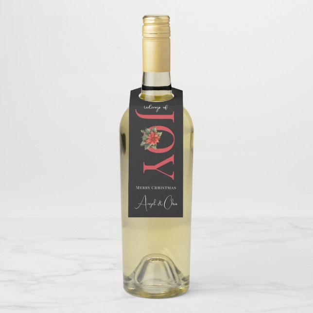 TIDINGS OF JOY RED CHRISTMAS POINSETTIA on BLACK Flaschenanhänger (Auf Flasche)