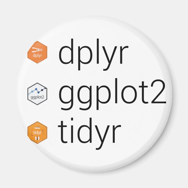 Tidyverse Bibliotheken: dplyr, ggplot2, tidyr Magnet (Vorne)
