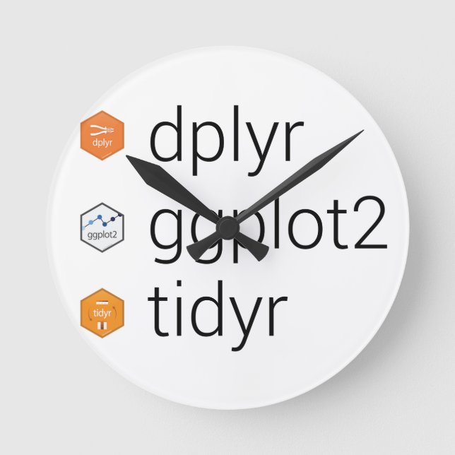 Tidyverse Bibliotheken: dplyr, ggplot2, tidyr Runde Wanduhr (Vorderseite)