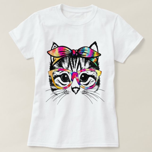 Tie-Dye Cat Face with Glasses Design T-Shirt (Design vorne)