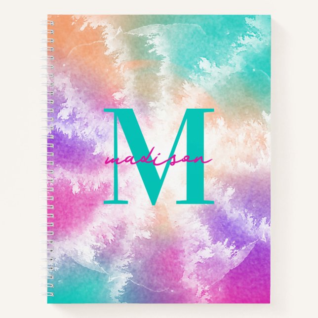 Tie Dye Pink Orange Teal Purple Monogram Notizbuch (Vorderseite)