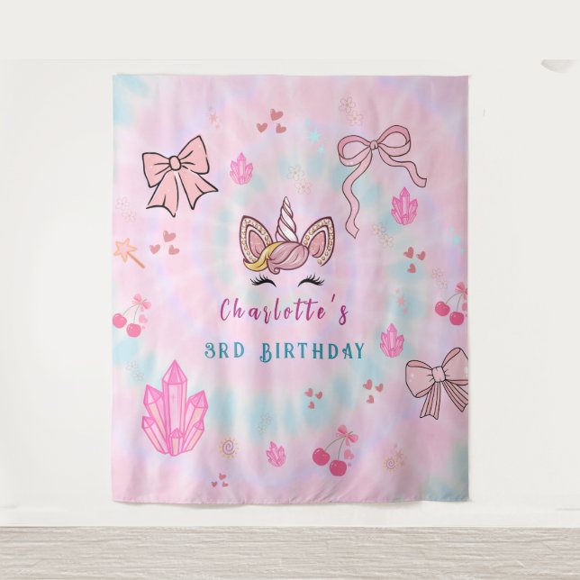 Tie Dye Unicorn Coquette Bow Birthday Backdrop  Wandteppich (Vorderseite)