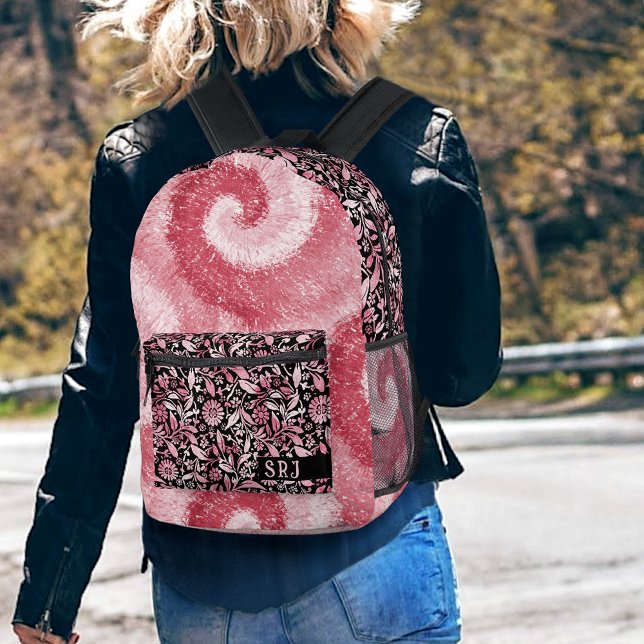 Tiedye Psychedelic Retro Rosa Blume Monogramm Bedruckter Rucksack (Von Creator hochgeladen)