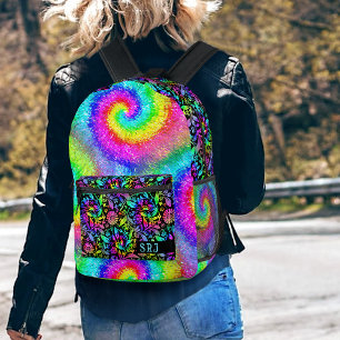 Tiedye psychedelisches Retro-Hippie-Blumen-Monogra Bedruckter Rucksack