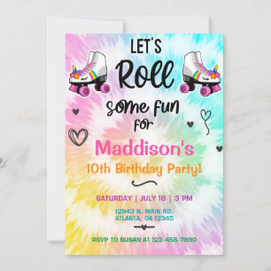 TieDye Roller Skaten Girl Geburtstag einladen. Einladung