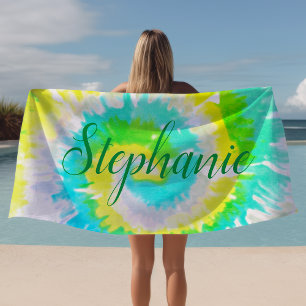 Tiedye Wirbel Gelb Blau Grün Personalisiert Strandtuch