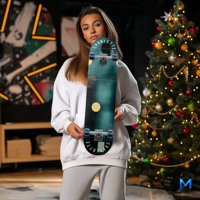 Tief Aquamarine und Gold Minimalistische Abstrakte Skateboard (Von Creator hochgeladen)