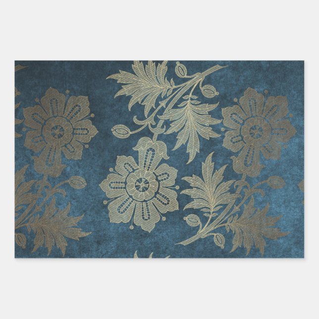 Tief blaue und leichte Gold-Blume Geschenkpapier Set (Vorderseite)