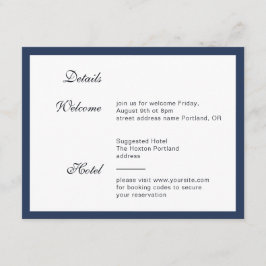 Tief blauer Rahmen. Moderne, elegante Hochzeitsdet Begleitkarte