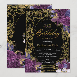 Tief Lila Blumenantik Goldener Geburtstag Tee Part Einladung