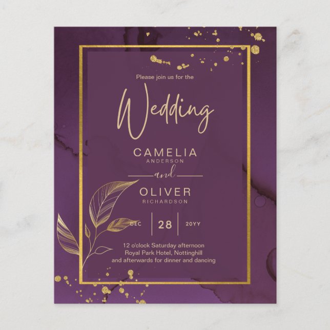 TIEF LILA GOLD-BLÄTTER Einladung Hochzeit Flyer (Vorne)