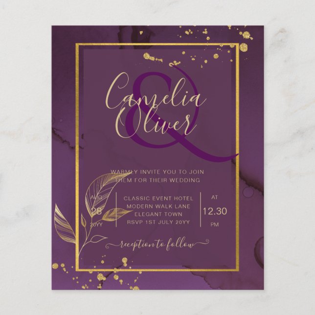 TIEF LILA GOLD-BLÄTTER Einladung Hochzeit Flyer (Vorne)