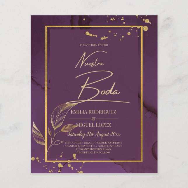 TIEF LILA GOLD-BLÄTTER Einladung Hochzeit Flyer (Vorne)