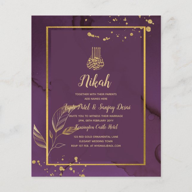 TIEF LILA GOLD-BLÄTTER Einladung Hochzeit Flyer (Vorne)