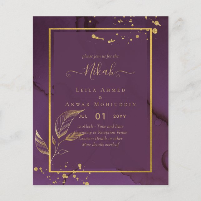 TIEF LILA GOLD-BLÄTTER Einladung Hochzeit Flyer (Vorne)