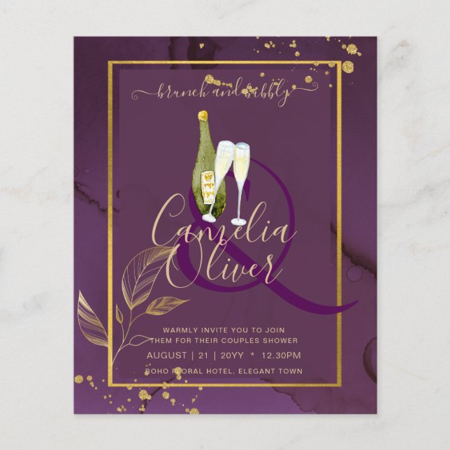 TIEF LILA GOLD-BLÄTTER Einladung Hochzeit Flyer (Vorne)