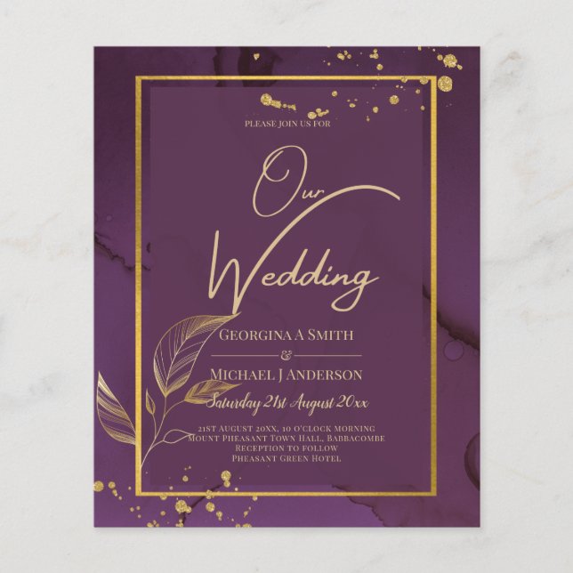TIEF LILA GOLD-BLÄTTER Einladung Hochzeit Flyer (Vorne)