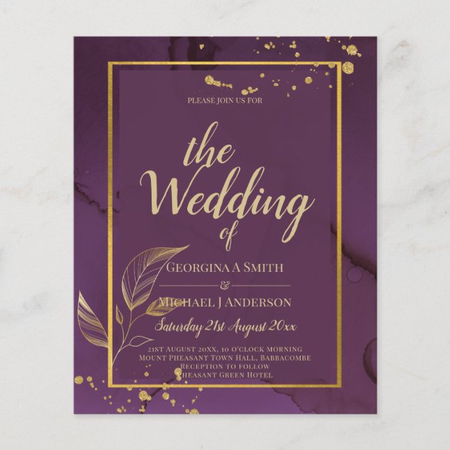 TIEF LILA GOLD-BLÄTTER Einladung Hochzeit Flyer (Vorne)