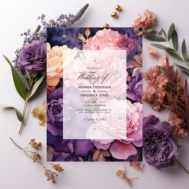 Tief Lila, Lavendel und Rose Gold Floral Wedding Einladung (Von Creator hochgeladen)