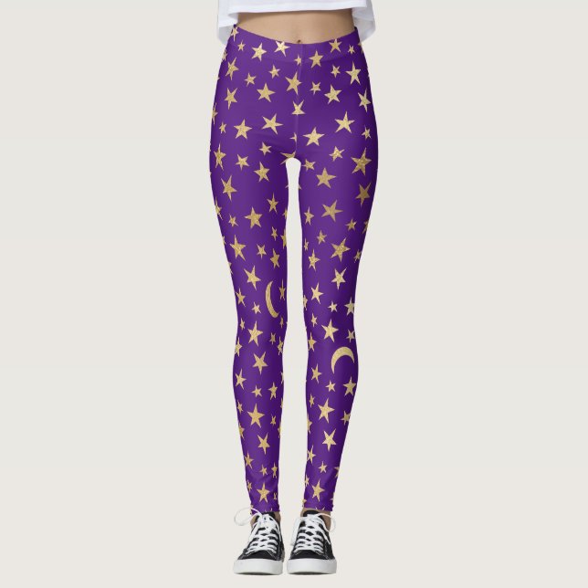 Tief Lila mit Gold Foil Stars und Monden Leggings (Vorderseite)