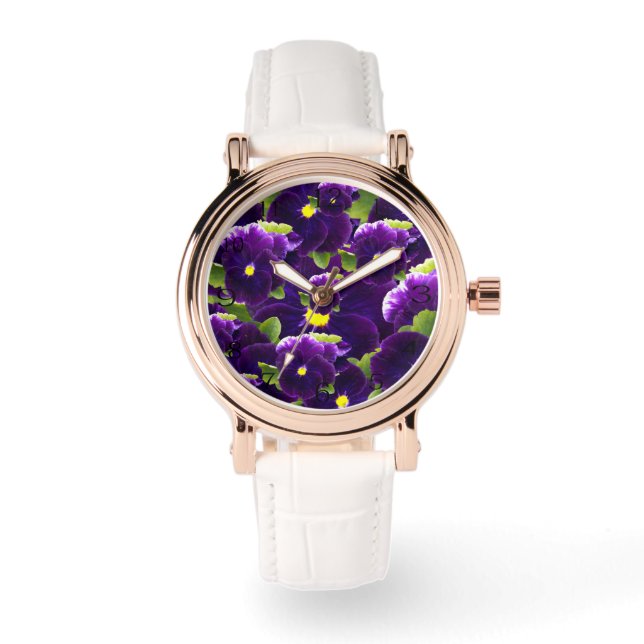 Tief Lila Pansy-Cluster: Majestic Beauty Armbanduhr (Vorderseite)