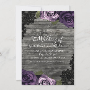 Tief Lila Rose Rustikal-Holz-Black-Lace Hochzeit Einladung