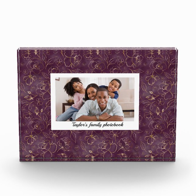 Tief Lila und Personalisierte Familie GOld Florals Fotoblock (Vorderseite)