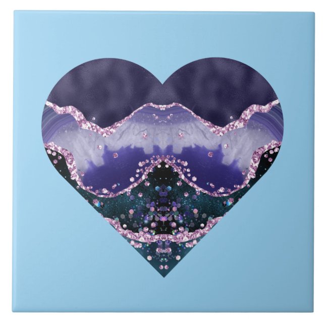 Tief Lila Wasserfarbe im Ozean Blick Herz auf Blau Fliese (Vorderseite)