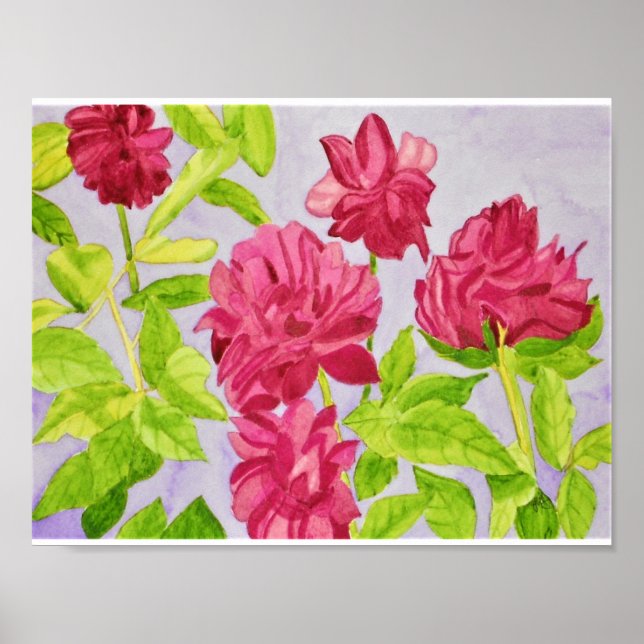 Tief rosa Roses Wasserfarbe Poster (Vorne)