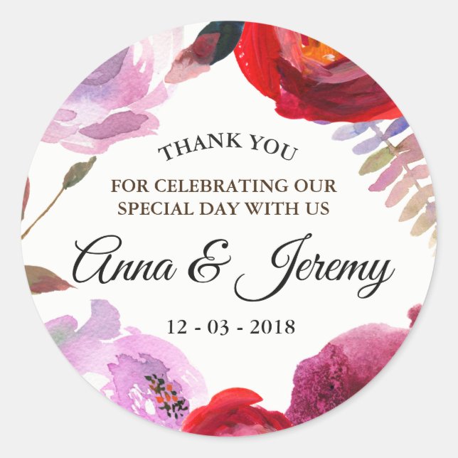 Tief rosa, rot und lila Aquarellklecke Runder Aufkleber (Vorderseite)