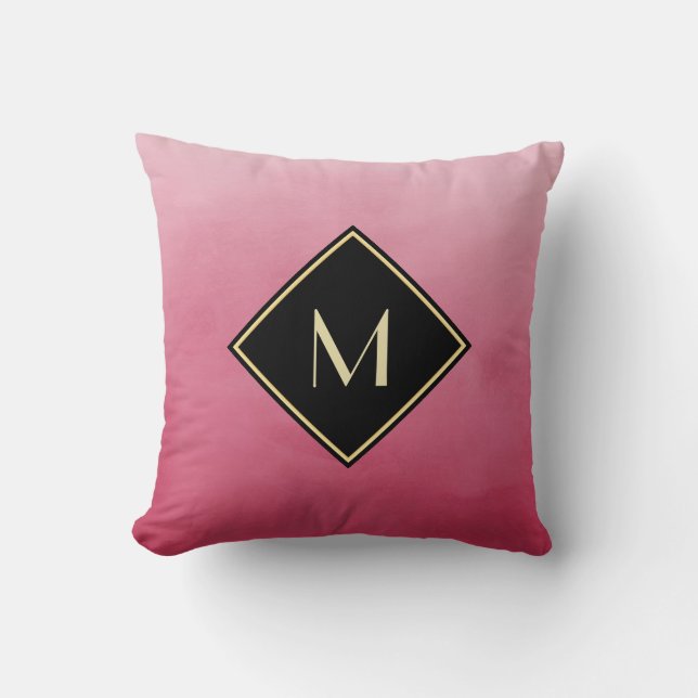 Tief rosa Wasserfarbe mit Schwarz-Gold-Monogramm Kissen (Vorderseite)