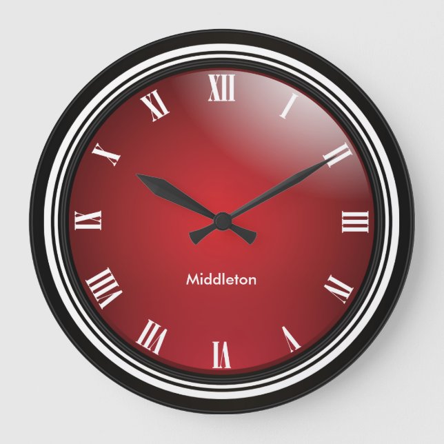Tief rot, schwarz & weiß mit römischen Zahlen Große Wanduhr (Vorderseite)
