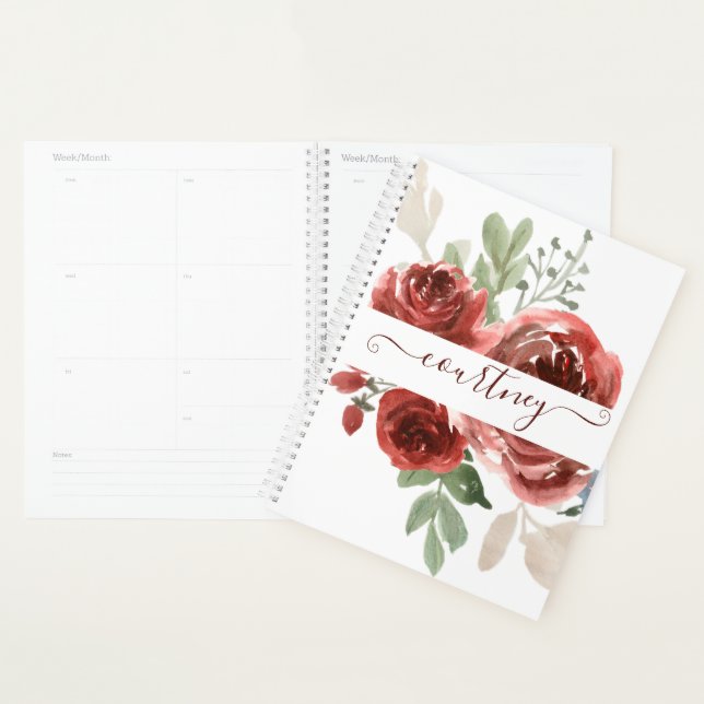 Tief rote Aquarellblumen personalisiert Planer (Anzeige)