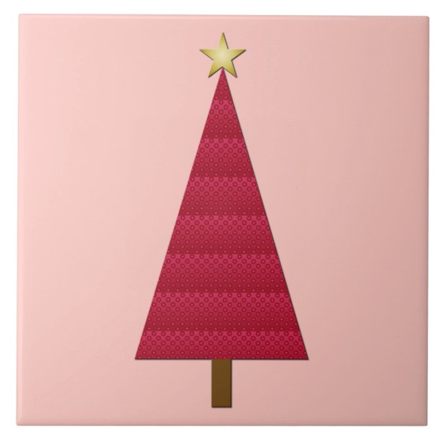 Tief roter Damast, moderner Weihnachtsbaum Fliese (Vorderseite)