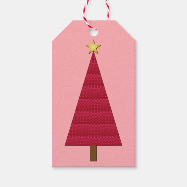 Tief roter Damast, moderner Weihnachtsbaum Geschenkanhänger (Vorderseite)